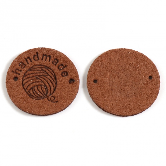 Bild von Mikrofaser Etiketts Strickball Kaffeebraun , mit Rund Muster, " Handmade", Veloursleder 25mm , 20 Stück