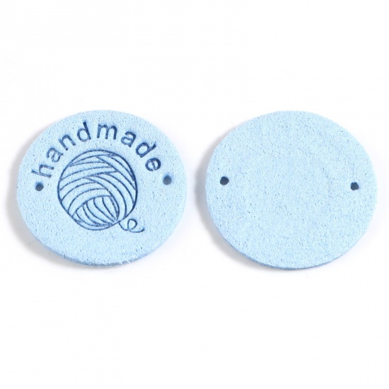 Bild von Mikrofaser Etiketts Strickball Hellblau , mit Rund Muster, " Handmade", Veloursleder 25mm , 20 Stück
