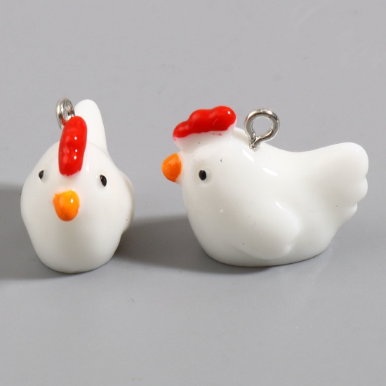 Picture of Resin Charms Chicken Silver Tone White 24mm x 19mm - 23mm x 18mm, 10 PCs