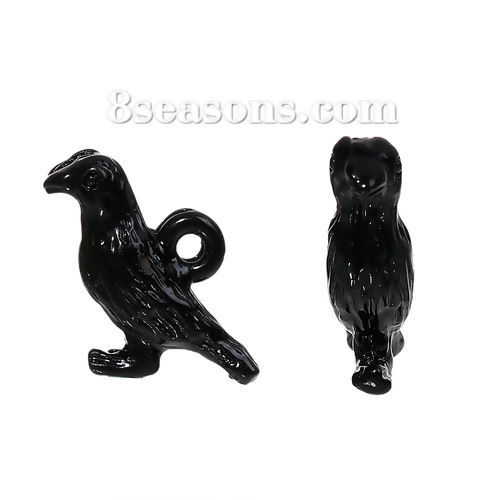 Picture of Zinc Based Alloy Halloween 3D Charms Crow Bird Black Enamel 16mm( 5/8") x 10mm( 3/8"), 10 PCs
