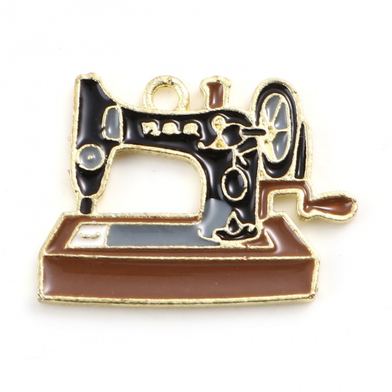 Picture of Zinc Based Alloy Charms Sewing Machine Gold Plated Black & Khaki Enamel 26mm x 19.5mm, 5 PCs