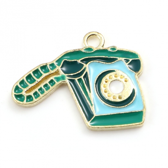 Picture of Zinc Based Alloy Charms Telephone Gold Plated Blue & Green Enamel 23mm x 19mm, 5 PCs