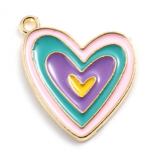 Picture of Zinc Based Alloy Valentine's Day Charms Heart Gold Plated Multicolor Enamel 21mm x 19mm, 10 PCs