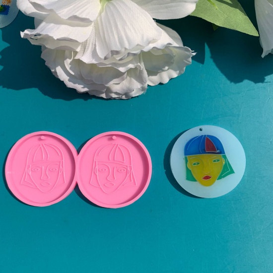 Picture of Silicone Resin Mold For Jewelry Making Pendant Earrings Round Head Portrait Pink 8.5cm x 4.3cm, 1 Piece
