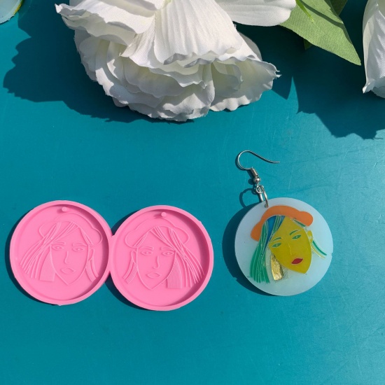 Picture of Silicone Resin Mold For Jewelry Making Pendant Earrings Round Head Portrait Pink 8.5cm x 4.3cm, 1 Piece