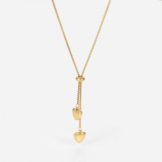 Picture of Stainless Steel Y Shaped Lariat Necklace 14K Gold Plated Heart 35.5cm(14") long, 1 Piece