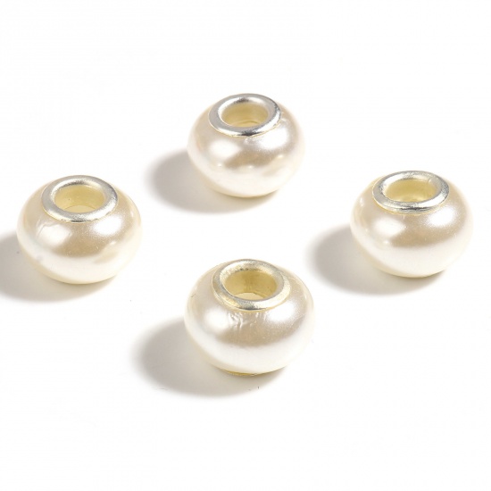 Immagine di Acrilato Stile Europeo Perline Tono Argento Bianco Sporco Tondo 14mm Dia., Foro:Circa 5mm, 20 Pz