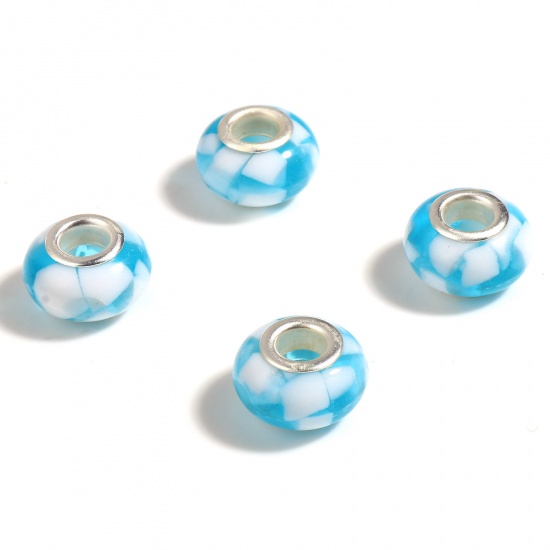 Bild von Acryl Charm-Perlen mit großem Loch im europäischen Stil Silberfarbe Weiß & Blau Rund 14mm D., Loch: Ca. 5mm, 20 Stück