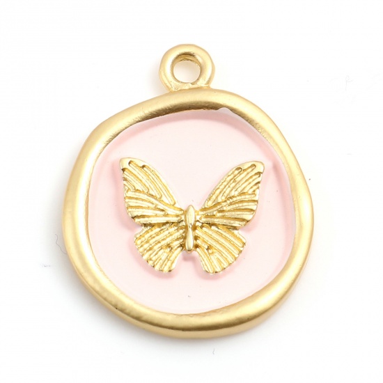 Picture of Zinc Based Alloy Insect Round Matt Gold Light Pink Butterfly Painted 22mm x 18mm, 5 PCs
