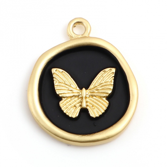Picture of Zinc Based Alloy Insect Round Matt Gold Black Butterfly Painted 22mm x 18mm, 5 PCs