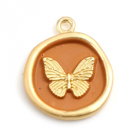 Picture of Zinc Based Alloy Insect Round Matt Gold Light Brown Butterfly Painted 22mm x 18mm, 5 PCs