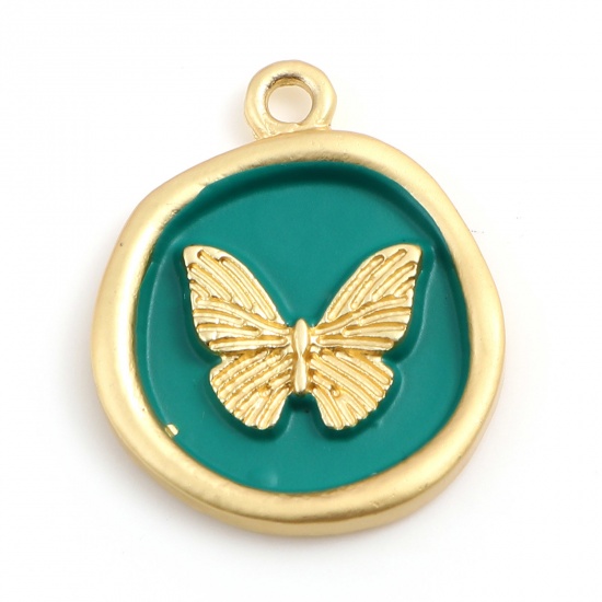 Picture of Zinc Based Alloy Insect Round Matt Gold Green Butterfly Painted 22mm x 18mm, 5 PCs