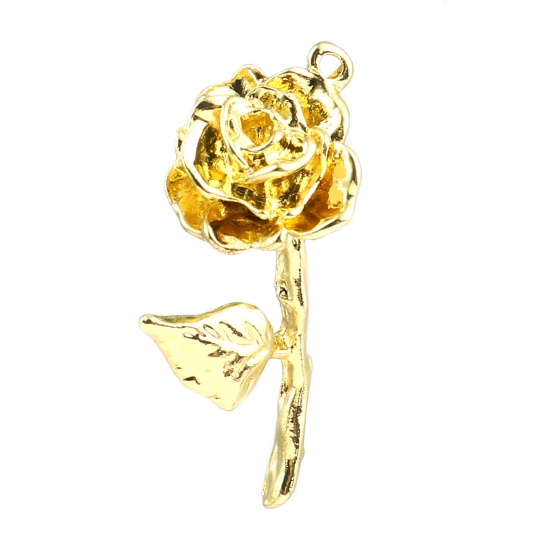 Picture of Zinc Based Alloy Valentine's Day Pendants Rose Flower Gold Plated Painted 3.2cm x 1.3cm, 5 PCs