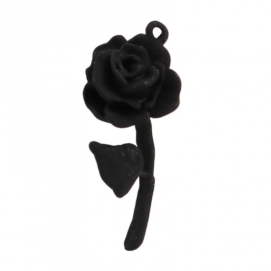 Picture of Zinc Based Alloy Valentine's Day Pendants Rose Flower Black Painted 3.2cm x 1.3cm, 5 PCs