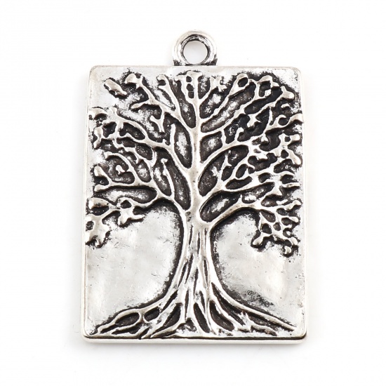 Picture of Zinc Based Alloy Religious Pendants Rectangle Antique Silver Color Tree of Life 32mm x 22mm, 5 PCs