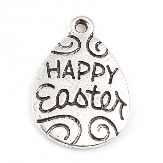 Picture of Zinc Based Alloy Easter Day Charms Egg Antique Silver Color Message " Happy Easter " 21mm x 15mm, 20 PCs