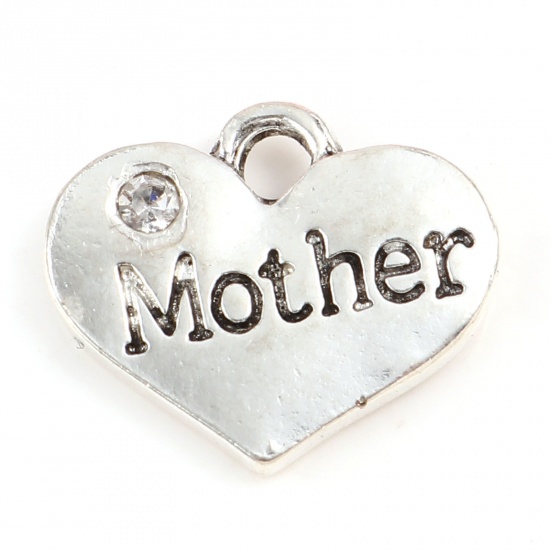 Picture of Zinc Based Alloy Family Jewelry Charms Heart Antique Silver Color Message " Mother " Clear Rhinestone 17mm x 14mm, 10 PCs