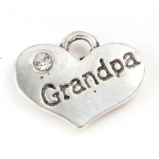 Picture of Zinc Based Alloy Family Jewelry Charms Heart Antique Silver Color Message " Grandpa " Clear Rhinestone 17mm x 13mm, 10 PCs