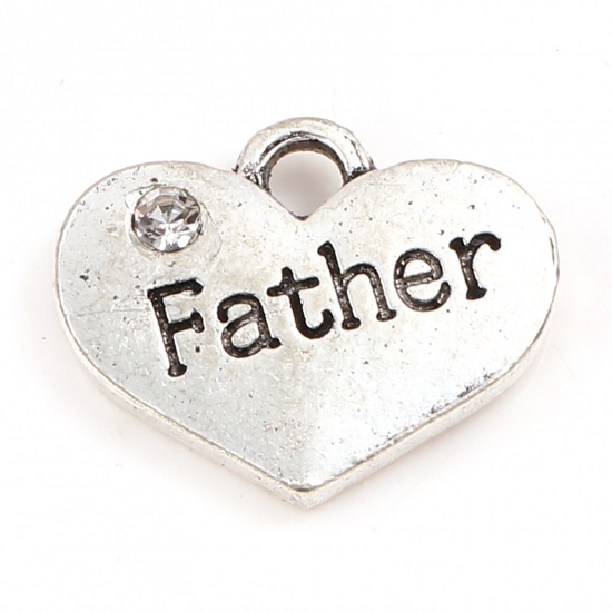 Picture of Zinc Based Alloy Family Jewelry Charms Heart Antique Silver Color Message " Father " Clear Rhinestone 17mm x 14mm, 10 PCs