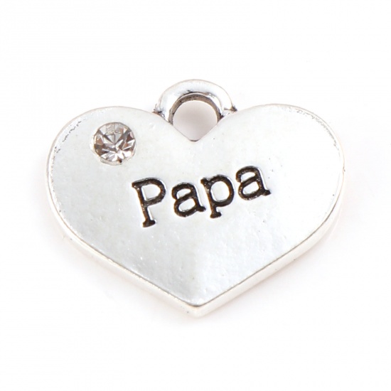 Picture of Zinc Based Alloy Family Jewelry Charms Heart Antique Silver Color Message " Papa " Clear Rhinestone 17mm x 14mm, 10 PCs