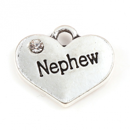 Picture of Zinc Based Alloy Family Jewelry Charms Heart Antique Silver Color Message " Nephew " Clear Rhinestone 17mm x 14mm, 10 PCs