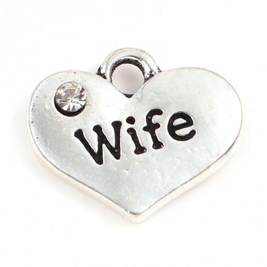 Picture of Zinc Based Alloy Family Jewelry Charms Heart Antique Silver Color Message " Wife " Clear Rhinestone 17mm x 14mm, 10 PCs