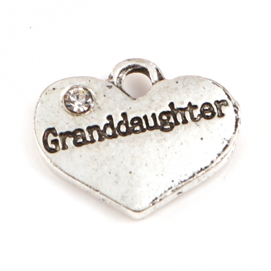 Picture of Zinc Based Alloy Family Jewelry Charms Heart Antique Silver Color Message " Granddaughter " Clear Rhinestone 17mm x 14mm, 10 PCs