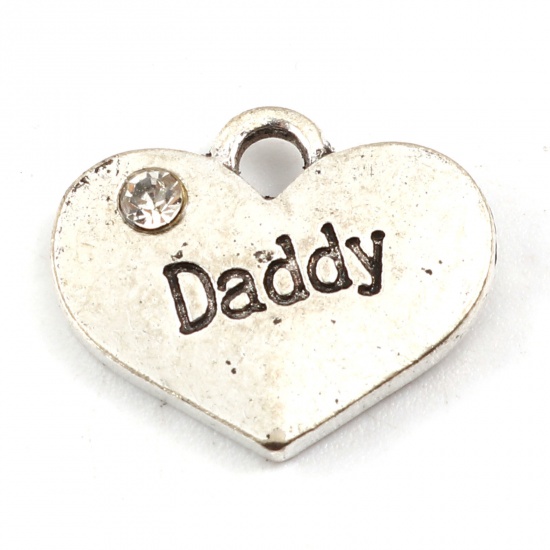 Picture of Zinc Based Alloy Family Jewelry Charms Heart Antique Silver Color Message " Daddy " Clear Rhinestone 17mm x 14mm, 10 PCs