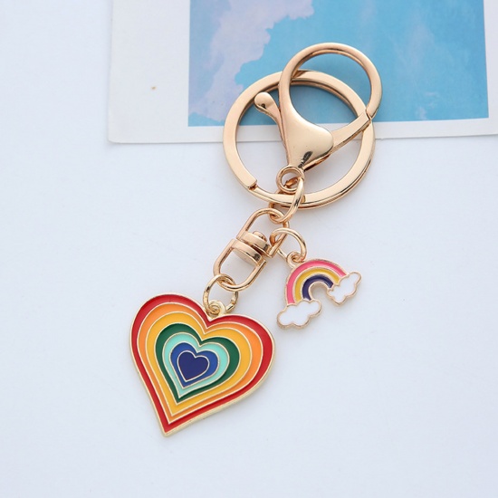 Picture of Enamel Keychain & Keyring Gold Plated Red Heart Rainbow 30mm wide, 1 Piece