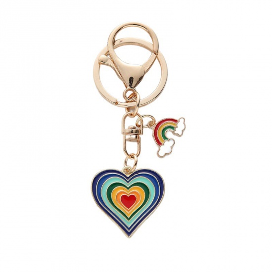 Picture of Enamel Keychain & Keyring Gold Plated Blue Heart Rainbow 30mm wide, 1 Piece