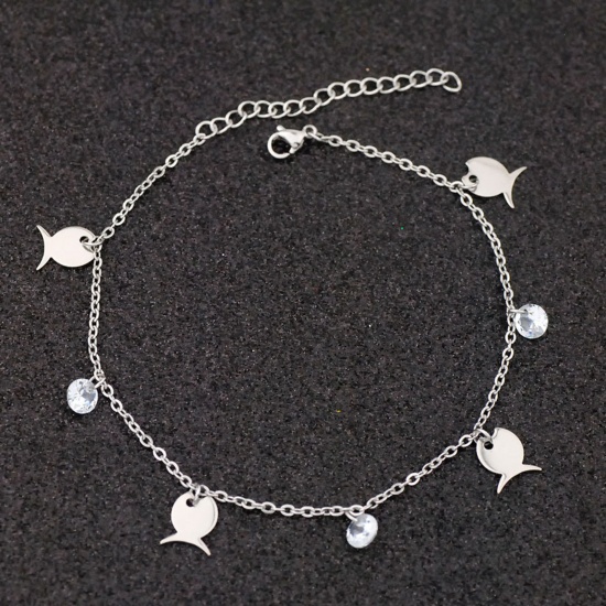 Picture of Stainless Steel Anklet Silver Tone Fish Animal Clear Rhinestone 21cm(8 2/8") long, 1 Piece