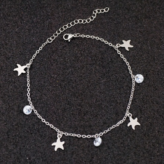 Picture of Stainless Steel Anklet Silver Tone Star Fish Clear Rhinestone 21cm(8 2/8") long, 1 Piece