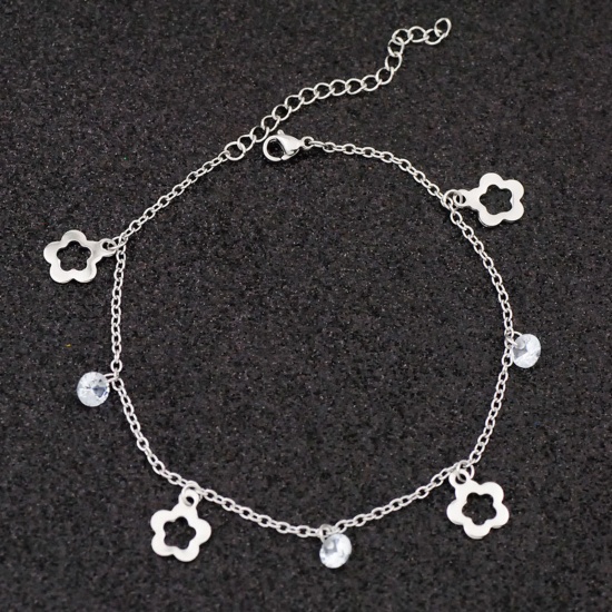 Picture of Stainless Steel Anklet Silver Tone Flower Clear Rhinestone 21cm(8 2/8") long, 1 Piece