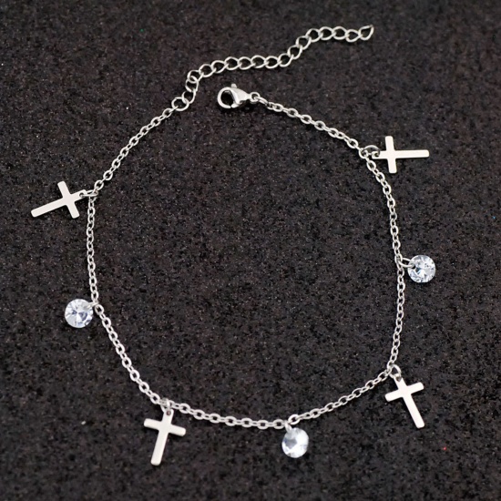 Picture of Stainless Steel Anklet Silver Tone Cross Clear Rhinestone 21cm(8 2/8") long, 1 Piece