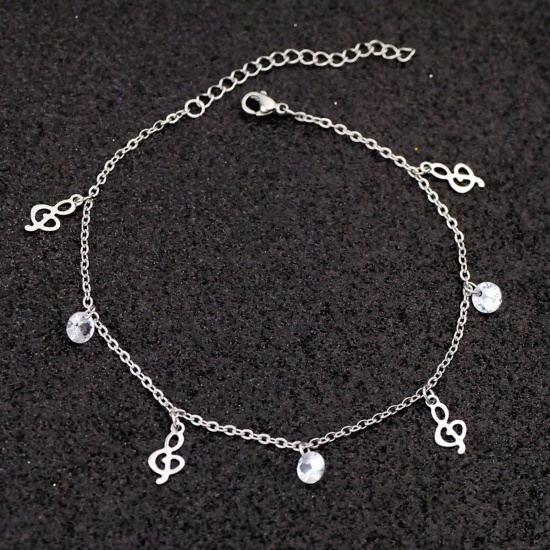 Picture of Stainless Steel Anklet Silver Tone Musical Note Clear Rhinestone 21cm(8 2/8") long, 1 Piece