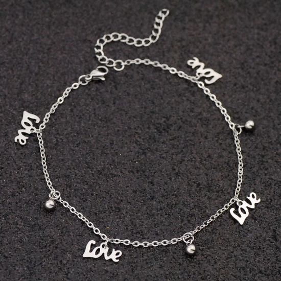 Picture of Stainless Steel Anklet Silver Tone " Love " Clear Rhinestone 21cm(8 2/8") long, 1 Piece