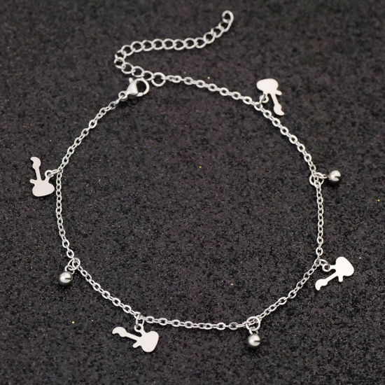 Picture of Stainless Steel Anklet Silver Tone Guitar Musical Instrument Clear Rhinestone 21cm(8 2/8") long, 1 Piece