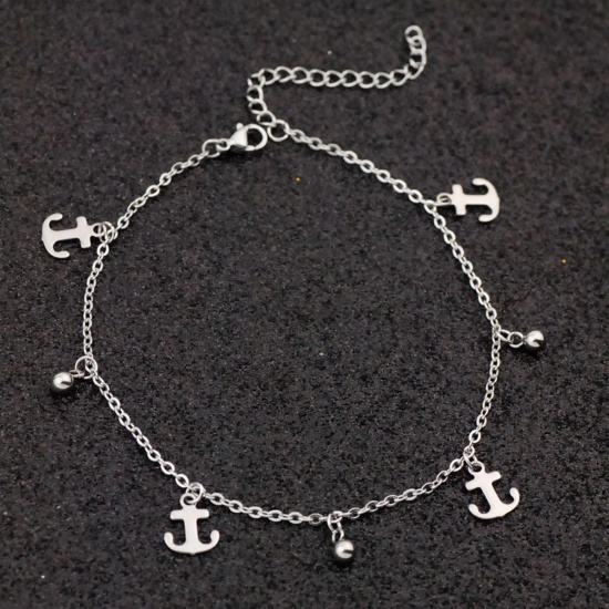Picture of Stainless Steel Anklet Silver Tone Anchor Clear Rhinestone 21cm(8 2/8") long, 1 Piece