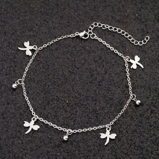 Picture of Stainless Steel Anklet Silver Tone Dragonfly Animal Clear Rhinestone 21cm(8 2/8") long, 1 Piece