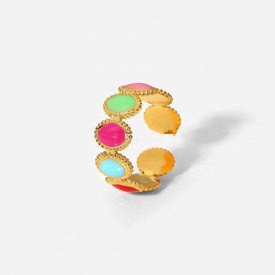 Picture of Stainless Steel Open Adjustable Rings Gold Plated Multicolor Oval Enamel, 1 Piece