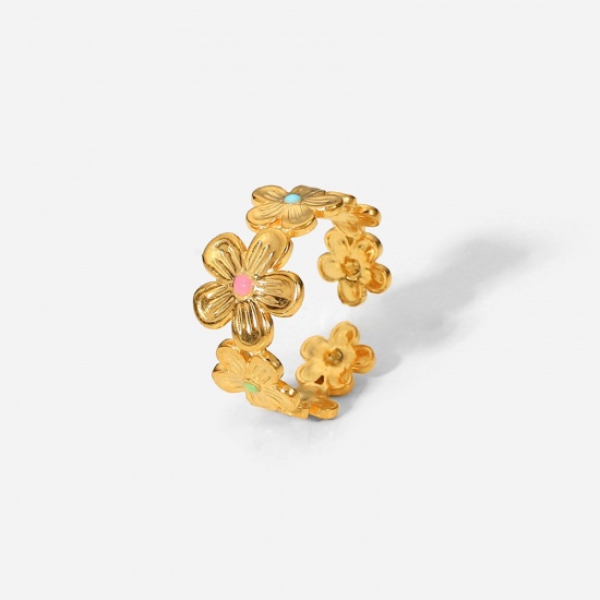 Picture of Eco-friendly Stylish Stylish 18K Gold Plated Multicolor 304 Stainless Steel Open Adjustable Flower Enamel Rings For Women 1 Piece