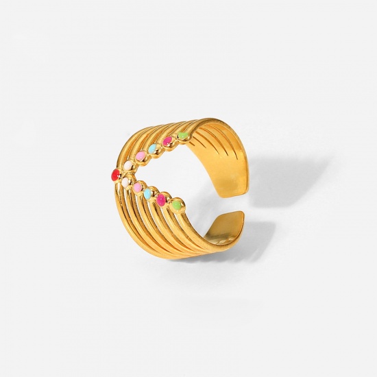 Picture of Stainless Steel Open Adjustable Rings Gold Plated Multicolor V-shaped Enamel, 1 Piece