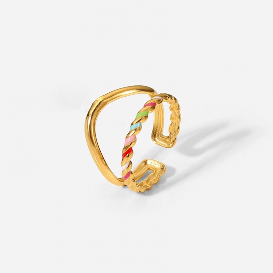 Picture of Stainless Steel Open Adjustable Rings Gold Plated Multicolor Geometric Enamel, 1 Piece