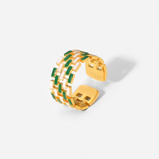 Picture of Stainless Steel Open Adjustable Rings Gold Plated Green Enamel, 1 Piece