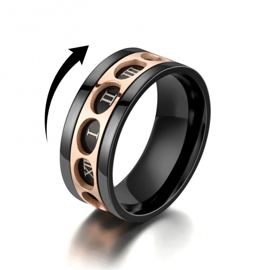 Picture of Stainless Steel Unadjustable Anti Anxiety Rings Rose Gold Black Rotatable 18.1mm(US Size 8), 1 Piece