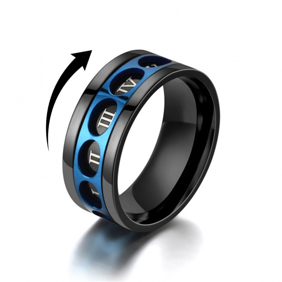 Picture of Stainless Steel Unadjustable Anti Anxiety Rings Blue & Black Rotatable 17.3mm(US Size 7), 1 Piece