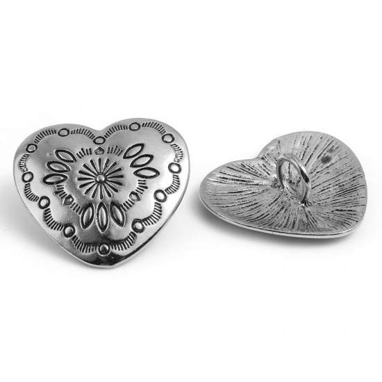 Immagine di Lega di Zinco San Valentino Metallo Gambo Bottone Cuore Argento Antico Geometria Disegno 29mm x 27mm, 3 Pz