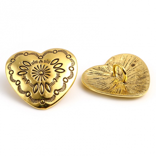 Immagine di Lega di Zinco San Valentino Metallo Gambo Bottone Cuore Oro Antico Geometria Disegno 29mm x 27mm, 3 Pz