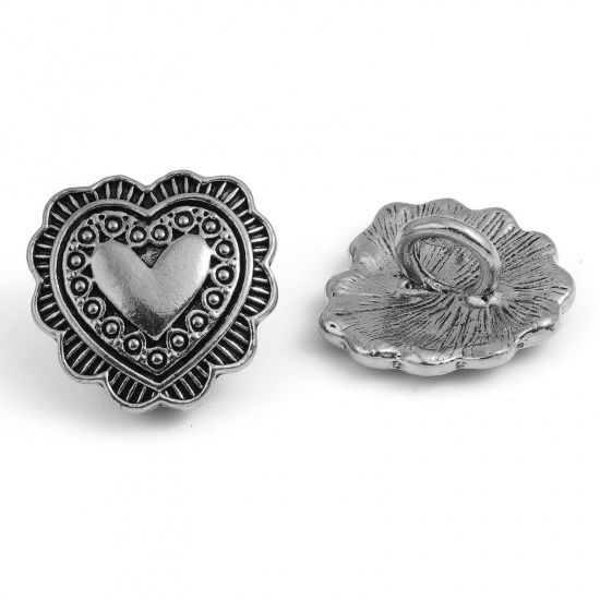 Picture of Zinc Based Alloy Valentine's Day Metal Sewing Shank Buttons Heart Antique Silver Color Dot Carved 20mm x 20mm, 3 PCs