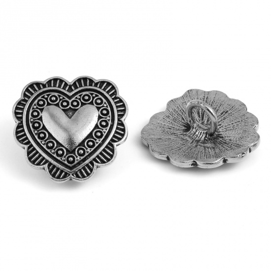 Picture of Zinc Based Alloy Valentine's Day Metal Sewing Shank Buttons Heart Antique Silver Color Dot Carved 27mm x 27mm, 3 PCs